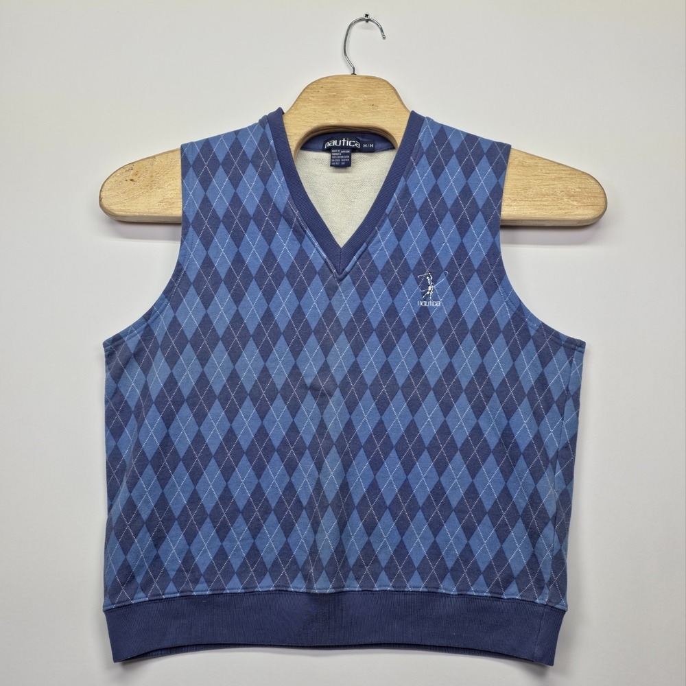 Vintage Nautica Sweater Vest Mens Medium Blue Argyle Golfer Logo Golf Cotton 90s